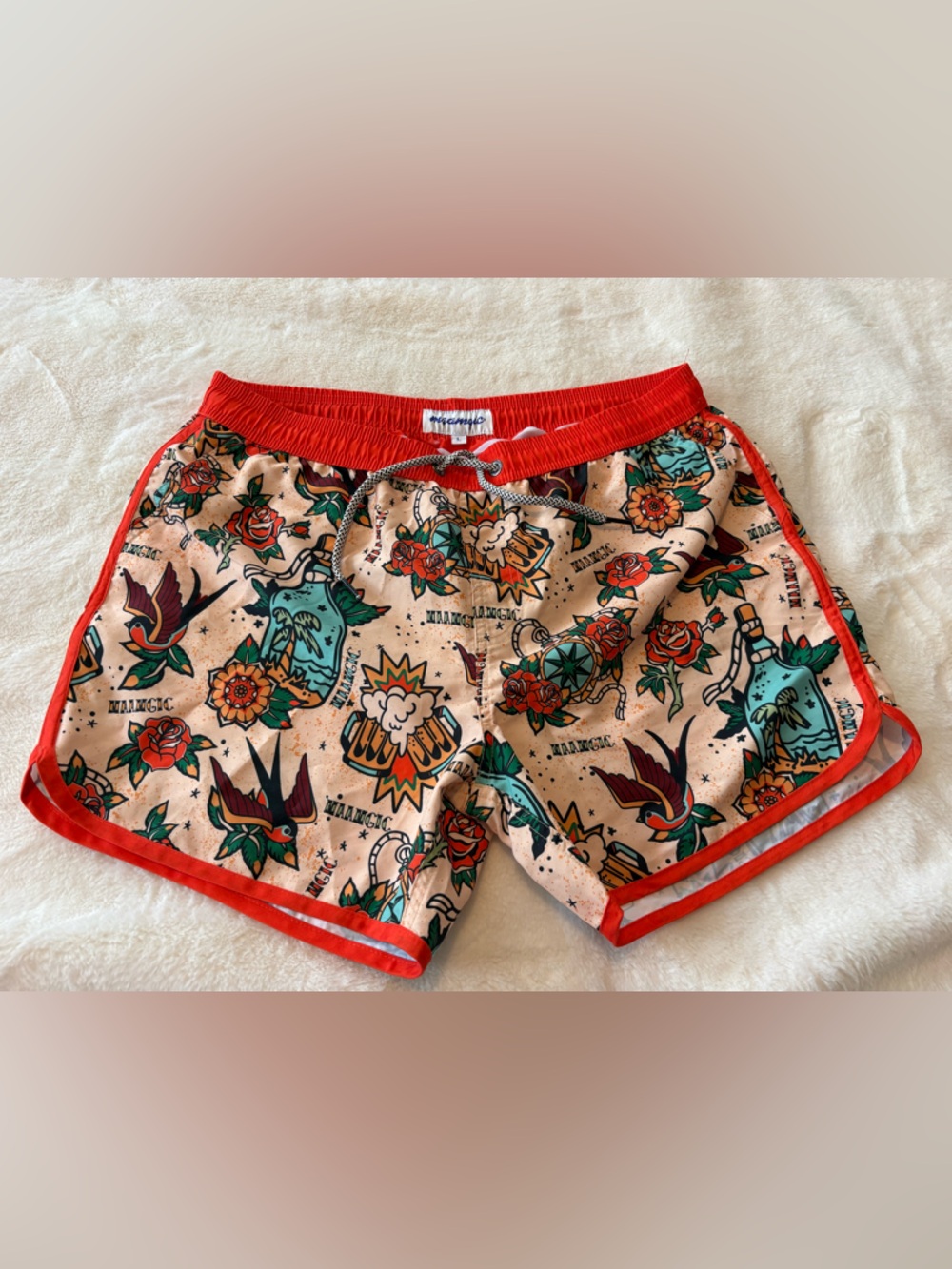 MAAMGIC Seaborn Swallow Swim Trunks L Retro Orange tattoo  4.5” Inseam Quick Dry